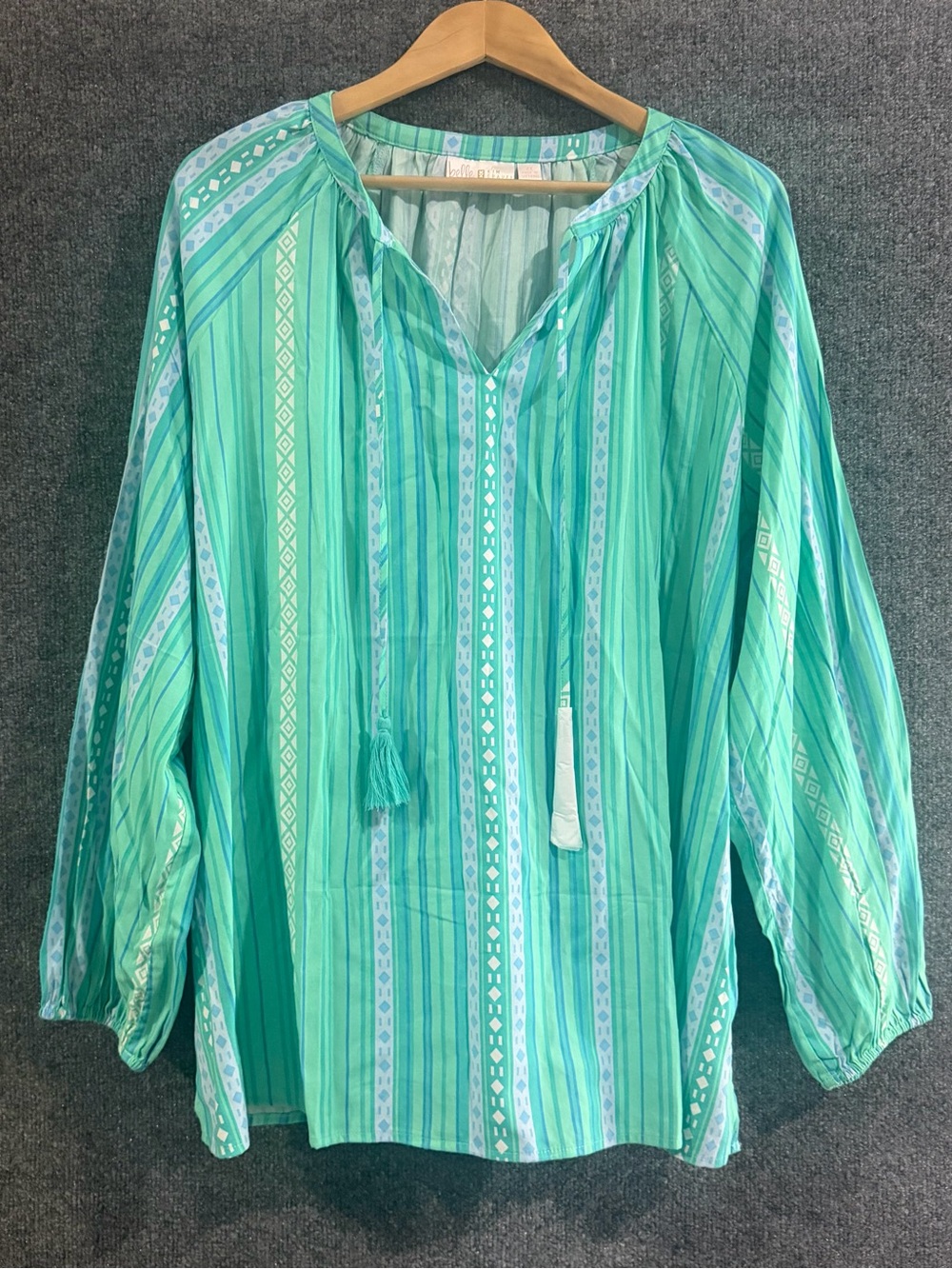 Belle Kim Gravel Womens Long Sleeve Boho Top Size 2X Green Purple Stripe Summer